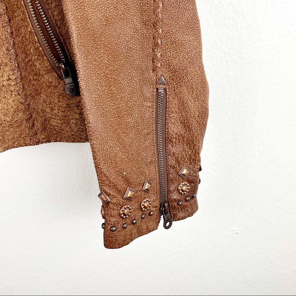 CRIPPLE CREEK Brown 100% Genuine Leather Studded Zip Pockets Jacket Size Medium - Picture 9 of 10